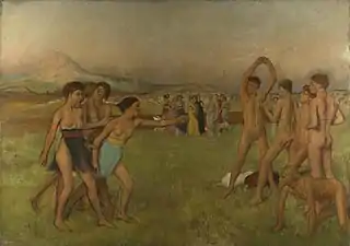 A painting of semi-nude youth playing and stretching in a field