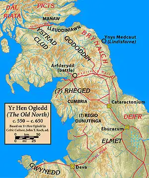 Map of Yr. Hen Ogledd (The Old North), circa 550 to circa 650