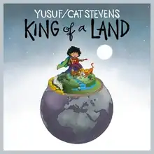 A drawing of an extremely large boy sitting on the North Pole, playing guitar with a cat near him and a toy train set driving around the Earth