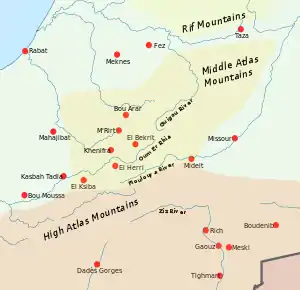 A map showing locations central to the Zaian War in the Middle and High Atlas Mountains of Morocco