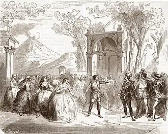 stage scene showing outdoor gathering of men and women in medieval costume