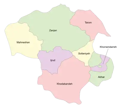 Location of Ijrud County in Zanjan province (center, purple)