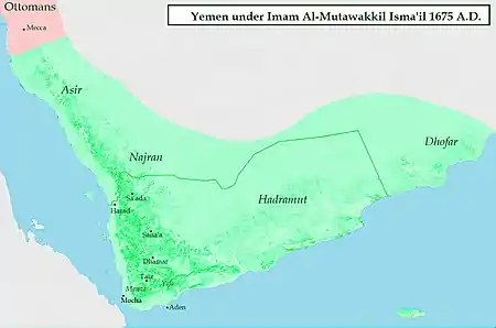 Image 34Zaidi State under the rule of Al-Mutawakkil Isma'il (1675) (from History of Yemen)