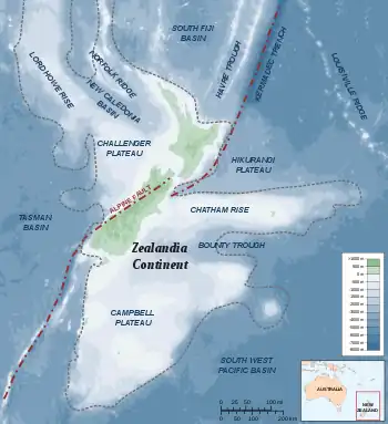 Image 33Topography of Zealandia, the submerged continent, and the two tectonic plates (from Geography of New Zealand)