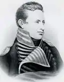 A black-and-white portrait of a distinguished-looking young soldier in an 18th-century formal uniform.