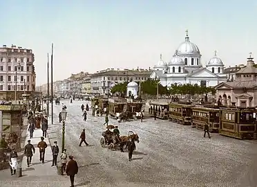 The avenue near the Nicholas Station, 1890s. Engraving by Benjamin Patersen.