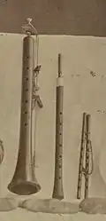 Example of an idioglotic reed pipe with a wooden body (center instrument), Central Asia,  circa 1869. From the left: zurna, bülban and dozaleh.