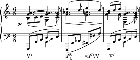  {
   #(set-global-staff-size 16)
   \new PianoStaff <<
      \new Staff <<
         \new Voice \relative c' {
             \stemUp \clef treble \key c \major \time 6/8
             <f g>4.^~ <f g>4^~ <e g>8
             d'4^( c8 e4 c8)
             b^( c d) <f, g>4^~ <e g>8
             }
         \new Voice \relative c' {
             \stemDown
              \override DynamicText.X-offset = #-4
              \override DynamicLineSpanner.staff-padding = #4
              b8_(\p c d g,4 c8)
             <f aes>4.\< <e a>4.\>
             <f g>4\! f8 e,4_( c'8)
              }
            >>
     \new Staff <<
         \new Voice \relative c, {
             \clef bass \key c \major \time 6/8
             \stemUp g8^( g' b d c e)
             \stemNeutral f,,( f' aes fis fis' a)
             \stemUp g,,8^( g' b d c e)
             }
         \new Voice \relative c {
             \stemDown
             s4._\markup { \concat { "V" \raise #1 \small "7" \hspace #16 "ii" \raise #1 \small "o" \combine \raise #1 \small 6 \lower #1 \small 5 \hspace #6 "vii" \raise #1 \small "ø7" "/V" \hspace #5 "V" \raise #1 \small "7" } } g s2. s4. g
             }
         >>
    >>

}
