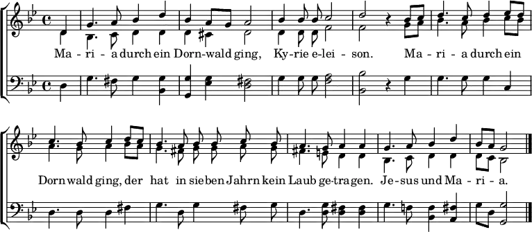 
\header { tagline = ##f }
\layout { indent = 0
  \context { \Score \remove "Bar_number_engraver" }
  \context { \Voice \remove "Dynamic_engraver" }
}
global = {
  \key g \minor
  \time 4/4
  \partial 4
}
voiceA = \relative c' { \global \autoBeamOff \set midiInstrument = #"flute"
  d4 | g4. a8 bes4 d | bes a8 [g] a2 |
  bes4 bes8 bes c2 | d2 r4
  bes8 [c] | d4. c8 d4 es8 [d] |c4. bes8 c4
  d8 [c] | bes4. a8 bes bes c bes | a4. g8 a4 a |
  g4. a8 bes4 d | bes8 [a] g2 \bar "|."
}
VoiceB = \relative c' { \global \autoBeamOff \set midiInstrument = #"acoustic guitar (steel)"
  d4\pp | bes4. c8 d4 d | d cis d2 |
  d4 d8 d f2 | f r4
  g8 [a] | bes4. a8 bes4 c8 [bes] |a4. g8 a4
  bes8 [a] | g4. fis8 g g a g | fis4. e8 d4 d |
  bes4. c8 d4 d | d8 [c] bes2 \bar "|."
}
bass = \relative c { \global \autoBeamOff \set midiInstrument = #"acoustic guitar (steel)"
  d4\pp | g4. fis8 g4 <g bes,> | <g g,> <g es> <fis d>2 |
  g4 g8 g <a f>2 | <bes bes,> r4
  g4 | g4. g8 g4 c, | d4. d8 d4
  fis | g4. d8 g4 fis8 g | d4. <g d>8 <fis d>4 <fis d> |
  g4. f!8 <f bes,>4 <fis a,> | g8 [d] <g g,>2  \bar  "|."
}
verse = \lyricmode {
  Ma -- ri -- a durch ein Dorn -- wald ging,
  Ky -- rie e -- lei -- son.
  Ma -- ri -- a durch ein Dorn -- wald ging,
  der hat in sie -- ben Jahrn kein Laub ge -- tra -- gen.
  Je -- sus und Ma -- ri -- a.
}
\score {
  \new ChoirStaff <<
    \new Staff \with { \consists "Merge_rests_engraver" }
    <<
      \clef treble
      \new Voice = "voiceA" { \voiceOne \voiceA }
      \addlyrics { \verse }
      \new Voice = "voiceB" { \voiceTwo \VoiceB }
    >>
    \new Staff \with { \consists "Merge_rests_engraver" }
    <<
      \clef bass
      \new Voice = "bass" { \bass }
    >>
  >>
  \layout { }
}
\score { << \voiceA \\ \VoiceB \\ \bass >> 
  \midi { \tempo 4=108
  \context { \Score midiChannelMapping = #'instrument }
  \context { \Staff \remove "Staff_performer" }
  \context { \Voice \consists "Staff_performer" }
  }
}
