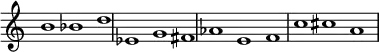 
{
#(set-global-staff-size 18)
\override Score.TimeSignature
#'stencil = ##f
\override Score.SpacingSpanner.strict-note-spacing = ##t
\set Score.proportionalNotationDuration = #(ly:make-moment 2/1)
\relative c'' {
\time 3/1
\set Score.tempoHideNote = ##t \tempo 1 = 60
b1 bes d
es, g fis
aes e f
c' cis a
}
}
