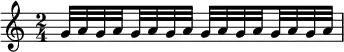  {
    \relative c'' {
        \time 2/4
        g32[ a g \set stemRightBeamCount = #1 a \set stemLeftBeamCount = #1 g a g a]
        g32[ a g \set stemRightBeamCount = #1 a \set stemLeftBeamCount = #1 g a g a]
    }
}
