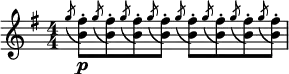   \relative c'' { \set Score.tempoHideNote = ##t \tempo 4 = 92 \set Staff.midiInstrument = #"flute" \clef treble \numericTimeSignature \time 4/4 \key g \major \slashedGrace { g'8( } <fis b,>8-.)\p \slashedGrace { g( } <fis b,>-.) \slashedGrace { g( } <fis b,>-.) \slashedGrace { g( } <fis b,>-.) \slashedGrace { g( } <fis b,>-.) \slashedGrace { g( } <fis b,>-.) \slashedGrace { g( } <fis b,>-.) \slashedGrace { g( } <fis b,>-.) } 