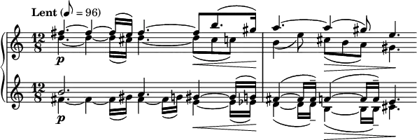 
{  \new PianoStaff <<
    \new Staff  \relative c'' { \clef treble \time 12/8 \key c \major \tempo "Lent" 8 = 96 << { fis4.~\p fis4~ fis16( e) fis4.~ fis8\< b8.( gis16\!) | a4.~ a4(\> gis8) e4.\! } \\ { d4.~ d4~ d16( cis) d4.~ d8( cis c) | b4( e8) cis( b a) gis4. } >> }
    \new Staff \relative c'' { \clef treble \time 12/8 \key c \major << { b2.\p a4. gis4~\< gis16( g\!) | fis4~( fis16 fis--) f4~(\> f16 f--) e4.\! } \\ { fis4.~ fis4~ fis16( gis) fis4~ fis16( g) e4~ e16( ees) | d4~( d16 d--) b4~( b16 b--) cis4. } >> } >> }
