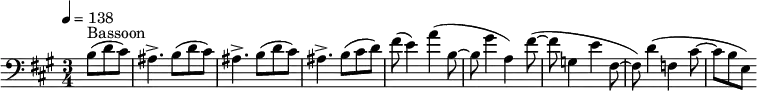 
  \relative c' { \clef bass \time 3/4 \key a \major \tempo 4 = 138 \partial 8*3 b8(^"Bassoon" d cis) | ais4.-> b8( d cis) | ais4.-> b8( d cis) | ais4.-> b8( cis d) | fis( e4) a4( b,8~ | b gis'4 a,) fis'8~( | fis g,4 e' fis,8~ | fis) d'4( f, cis'8~ cis[ b e,)] }
