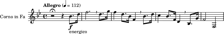 
\relative c'' {
\key bes \major {
 \set Staff.midiInstrument = "french horn"
 \set Staff.instrumentName = #"Corno in Fa"
 \transposition f
\tempo  "Allegro" 4 = 112
  { r2 \fermata r4  bes8. \f _"energico" d16 f2. \breathe d8. g16 f4 d8. bes16 f4 \breathe bes8. d16 c4 bes8. f16 d4 \breathe bes8. g'16 f2 f,2 }
}}
\layout { indent = 2.5\cm }
