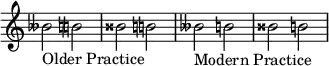  {
\override Score.TimeSignature #'stencil = ##f
\relative c'' {
  \clef G \time 4/4 beses2_\markup "Older Practice" \tweak Accidental.restore-first ##t b bisis \tweak Accidental.restore-first ##t b beses_\markup "Modern Practice" b bisis b
} }
