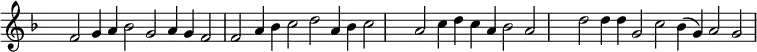 
{ \key f \major 
\set Score.tempoHideNote = ##t
\tempo 2=72
\set Staff.midiInstrument = "english horn"
\override Score.TimeSignature #'transparent = ##t 
\override Score.BarNumber  #'transparent = ##t
\time 6/2
f'2 g'4 a' bes'2 g' a'4 g' f'2
f'2 a'4 bes' c''2 d'' a'4 bes' c''2
\time 5/2 
a'2 c''4 d'' c'' a' bes'2 a'
\time 7/2
d''2 d''4 d'' g'2 c'' bes'4( g') a'2 g'
}
