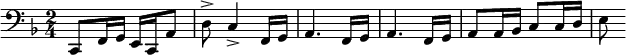 
  \relative c { \clef bass \key f \major \time 2/4 c,8 f16 g e c a'8 d-> c4-> f,16 g a4. f16 g a4. f16 g a8 a16 bes c8 c16 d e8 }
