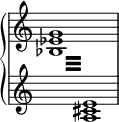  {
\override Score.TimeSignature #'stencil = ##f
    \new PianoStaff <<
         \new Staff = "up" \relative c'' {
            \time 4/4
            s1
          }
        \new Staff = "down" \relative c' {
            \time 4/4
            \voiceOne
            \repeat tremolo 16 {
                  {
                    \change Staff = "up"
                    \voiceTwo
                    <bes es g>32
                  }
                {
                    \change Staff = "down"
                    \voiceOne
                    <a cis e>32
                }
            }
          }
    >>

}
