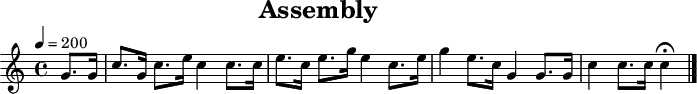 
\header {
  title   = "Assembly"
  tagline = ##f
}
\paper {
  #(layout-set-staff-size 18)
}
\score {
  \relative c'' {
    \tempo   4=200
    \key     c \major
    \time    4/4
    \set     Staff.midiInstrument = #"french horn"

    \partial 4
    g8. g16
    c8. g16 c8. e16 c4 c8. c16
    e8. c16 e8. g16 e4 c8. e16
    g4      e8. c16 g4 g8. g16
    c4      c8. c16 c4\fermata
    \bar "|."
  }
  \layout { }
  \midi   { }
}
