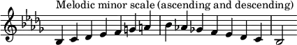  {
\override Score.TimeSignature #'stencil = ##f
\relative c' {
  \clef treble \key bes \minor \time 7/4
  bes4^\markup { Melodic minor scale (ascending and descending) } c des es f g a bes aes! ges! f es des c bes2
} }
