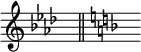 { \time 1/4 \override Score.TimeSignature #'stencil = ##f { \clef treble \key aes \major s16 ^\markup "" \bar "||" \key f \major s16 ^\markup ""}}