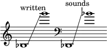 
    {
      \new Staff \with { \remove "Time_signature_engraver" }
      \clef treble \key c \major ^ \markup "written" \cadenzaOn
      bes1 \glissando g'''1
      \clef bass des,1 ^ \markup "sounds" \glissando bes'1
    }
  