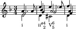 
     \new Staff <<
         \set Staff.midiInstrument = #"violin"
         \clef treble \key d \minor \time 3/4
         \partial 2
         \relative c''
         { a4. a8 e'4 e4. e8 f4 }
         \\
         { }
         \\
         \relative c''
         { s2 bes4 a2 a4 }
         \\
         { }
         \\
         \relative c''
        { f,2 g4 g2 f4 }
         \\
         \relative c'
        { d2_\markup { \concat { "i" \hspace #7 "ii" \raise #1 \small "ø" \combine \raise #1 \small 4 \lower #1 \small 2 \hspace #1.5 "V" \combine \raise #1 \small 6 \lower #1 \small 5 \hspace #5.5 "i" } } d4 cis2 d4}
         >>
