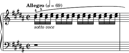 \relative c''{\new PianoStaff << \new Staff {\tempo "Allegro" 2 = 69 \time 4/4 \set Staff.timeSignatureFraction=2/2 \key gis \minor <<b16 dis(_\markup{\italic sotto \italic voce}-4>> <<cis e-5>> <<b dis>> <<cis e>> <<b dis>> <<cis e>> <<b dis>> <<cis e>> <<b dis>> <<cis e>> <<b dis>> <<cis e>> <<b dis>> <<cis e>> <<b dis>> <<cis e>> | \hideNotes a)} \new Staff {\key gis \minor \set Staff.timeSignatureFraction=2/2 \clef "bass" r1 |\hideNotes a16} >>}