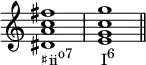 
{
\override Score.TimeSignature
#'stencil = ##f
\time 4/4 
\relative c' { 
      <dis a' c fis>1_\markup { \concat { "♯ii" \raise #1 \small "o7" \hspace #4 "I" \raise #1 \small "6" } } <e g c g'> \bar "||"
   }
}
