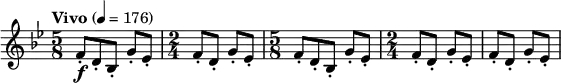 
\relative c' \new Staff {
  \key bes \major \clef "treble"
  \set Staff.midiInstrument = "clarinet"
  \tempo "Vivo" 4 = 176

  \time 5/8 f8-.\f d-. bes-. g'-. es-. | \time 2/4 f-. d-. g-. es-. |
  \time 5/8 f8-. d-. bes-. g'-. es-. | \time 2/4 f-. d-. g-. es-. | f-. d-. g-. es-. |
}
