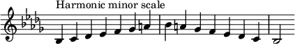  {
\override Score.TimeSignature #'stencil = ##f
\relative c' {
  \clef treble \key bes \minor \time 7/4
  bes4^\markup { Harmonic minor scale } c des es f ges a bes a ges f es des c bes2
} }

