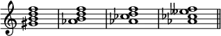 
{
\override Score.TimeSignature
#'stencil = ##f
    \relative c'' {
        \time 4/4
        <gis b d f>1 <aes b d f> <aes ces d f> <aes ces eses f>  \bar "||"
    }
}
