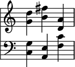   { <<
 \new Staff \with{ \magnifyStaff #4/3 } \relative c' { 
  \key c \major \clef treble \override Score.TimeSignature #'stencil = ##f \time 3/4
   <g' d'> <b fis'> <d, a'>
}
 \new Staff \with{ \magnifyStaff #4/3 } \relative c' { 
  \key c \major \clef bass \override Score.TimeSignature #'stencil = ##f \time 3/4
   <c, g'> <a e'> <f' c'>
} >> } 
