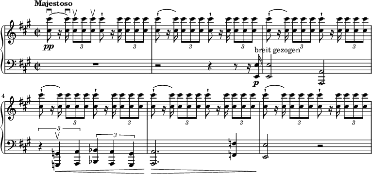 
{ \new PianoStaff <<
\new Staff \relative cis'' { \set Staff.midiInstrument = #"piano" \key a \major \clef treble \time 2/2 \set Score.tempoHideNote = ##t \tempo "Majestoso" 2 = 54
  <cis cis'>8 \pp ( \downbow r16 <cis
  cis'>16\noBeam ) \downbow \once \override TupletBracket #'stencil = ##f
  \times 2/3  {
    <cis cis'>8 \upbow <cis cis'>8 <cis cis'>8 \upbow
  }
  <cis cis'>8 -! r16 <cis cis'>16\noBeam \once \override TupletBracket
  #'stencil = ##f
  \times 2/3  {
    <cis cis'>8 <cis cis'>8 <cis cis'>8
  }
  | % 2
  <cis cis'>8 ( -! r16 <cis cis'>16\noBeam ) \once \override TupletBracket
  #'stencil = ##f
  \times 2/3  {
    <cis cis'>8 <cis cis'>8 <cis cis'>8
  }
  <cis cis'>8 -! r16 <cis cis'>16\noBeam \once \override TupletBracket
  #'stencil = ##f
  \times 2/3  {
    <cis cis'>8 <cis cis'>8 <cis cis'>8
  }
  | % 3
  <cis cis'>8 ( -! r16 <cis cis'>16\noBeam ) \once \override TupletBracket
  #'stencil = ##f
  \times 2/3  {
    <cis cis'>8 <cis cis'>8 <cis cis'>8
  }
  <cis cis'>8 -! r16 <cis cis'>16\noBeam \once \override TupletBracket
  #'stencil = ##f
  \times 2/3  {
    <cis cis'>8 <cis cis'>8 <cis cis'>8
  }
  | % 4
  <cis cis'>8 ( -! r16 <cis cis'>16\noBeam ) \once \override TupletBracket
  #'stencil = ##f
  \times 2/3  {
    <cis cis'>8 <cis cis'>8 <cis cis'>8
  }
  <cis cis'>8 -! r16 <cis cis'>16\noBeam \once \override TupletBracket
  #'stencil = ##f
  \times 2/3  {
    <cis cis'>8 <cis cis'>8 <cis cis'>8
  }
  | % 5
  <cis cis'>8 ( -! r16 <cis cis'>16\noBeam ) \once \override TupletBracket
  #'stencil = ##f
  \times 2/3  {
    <cis cis'>8 <cis cis'>8 <cis cis'>8
  }
  <cis cis'>8 -! r16 <cis cis'>16\noBeam \once \override TupletBracket
  #'stencil = ##f
  \times 2/3  {
    <cis cis'>8 <cis cis'>8 <cis cis'>8
  }
  | % 6
  <cis cis'>8 ( -! r16 <cis cis'>16\noBeam ) \once \override TupletBracket
  #'stencil = ##f
  \times 2/3  {
    <cis cis'>8 <cis cis'>8 <cis cis'>8
  }
  <cis cis'>8 -! r16 <cis cis'>16\noBeam \once \override TupletBracket
  #'stencil = ##f
  \times 2/3  {
    <cis cis'>8 <cis cis'>8 <cis cis'>8
  }
  }
\new Staff \relative e, { \set Staff.midiInstrument = #"piano" \key a \major \clef bass \time 2/2
R1 | % 2
  r2 r4 r8 r16 <e e'>16 \p ^\markup{ {breit gezogen} } | % 3
  <e e'>2 <a, a'>2 | % 4
  \times 2/3  {
    r4 <g g'>4 \< \upbow <a a'>4
  }
  \times 2/3  {
    <bes bes'>4 <a a'>4 <g g'>4
  }
  | % 5
  <a a'>2. \! \> <f' f'>4 | % 6
  <e e'>2 \! r2 }
>> }
