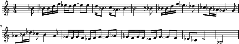 {\set Staff.midiInstrument = #"xylophone" \time 3/4 \skip2 \skip8 bes'8 bes'16 bes'16 d''16 f''16 es''16 d''16 es''8 ~ es''8 es''8 d''16 bes'8. c''16 as'8. bes'4 ~ bes'2 r8 bes'8 bes'16 bes'16 d''16 f''16 es''4. des''8 ces''8 bes'16 as'16 ges'4. ges'8 as'8 bes'16 des''16 ces''8 bes'4 as'8 ges'16 f'16 ges'16 f'16 es'16 f'16 ges'8 ~ ges'8 as'8 ges'16 f'16 ges'16 f'16 es'16 f'16 ges'8 ~ ges'8 f'8 es'8 des'8 es'2 bes2 \skip4}