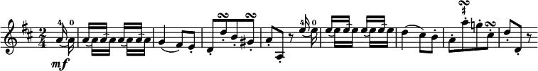  {
  \relative a' {
    \key d \major \time 2/4
    \partial 8 <<
      { \voiceOne \slurDown a16^4( \mf s) | a16[( s) \slurUp a]( s) \slurDown a[( s) \slurUp a]( s) }
      \new Voice { \voiceTwo s a16^0 | s16 a[ s a] s a[ s a]}
    >> \oneVoice g4( fis8) e-. | d8-.[ d'-. \turn b-. gis-.] \turn | a8-. a,-. r
    <<
      { \voiceOne \slurDown e''16^4( s) | e16[( s) \slurUp e]( s) \slurDown e[( s) \slurUp e]( s) }
      \new Voice { \voiceTwo s e16^0 | s16 e[ s e] s e[ s e]}
    >> \oneVoice d4( cis8) b-. | a8-.[ a'-. ^\markup { \column { \line { \hspace #0.37 \musicglyph #"scripts.turn" } { \vspace #-0.45 \fontsize #-4 \sharp } } }
    g!-. cis,-.] \turn | d8-. d,-. r
  }
}