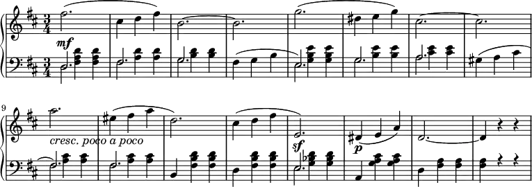 
 \relative c' {
  \new PianoStaff <<
   \new Staff { \key b \minor \time 3/4
    \set Score.tempoHideNote = ##t
     \tempo "" 2. = 64
      fis'2.( cis4 d fis) b,2.~ b g'( dis4 e g) cis,2.~ cis \set crescendoText = \markup { \italic { cresc. poco a poco} }
  \set crescendoSpanner = #'text \override DynamicTextSpanner.style = #'none a'\< eis4( fis a d,2.) cis4( d fis e,2.)\sf dis4\p( e a) d,2.~ d4 r r
   }
   \new Dynamics {
    s\mf
      }
   \new Staff { \key b \minor \time 3/4 \clef bass
    << {\stemDown s4 <fis, a d> <fis a d> s4 <a d> <a d> s4 <b d> <b d> s2. s4 <g b e> <g b e> s4 <b e> <b e> s <cis e> <cis e> s2. s4 <a cis> <a cis> s <a cis> <a cis> \once \stemUp b, <fis' b d> <fis b d> d <fis b d> <fis b d> s4 <g bes d> <g bes d> \once \stemUp a, <g' a cis> <g a cis> d <fis a> <fis a> <fis a> r r}
\\
{\slurUp d2. fis g fis4( g b e,2.) g a gis4( a cis fis,2.) fis s2. s e2.}
\\
{d2. fis g s2. e g a s2. fis fis s2. s e2.}>>
   } >>
 }
