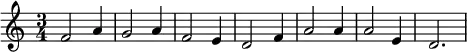 \relative c'{\set Staff.midiInstrument = #"electric piano 2"  \once \hide Score.MetronomeMark \tempo 4 = 85 \time 3/4 f2 a4 g2 a4 f2 e4 d2 f4 a2 a4 a2 e4 d2.}