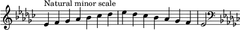  {
\override Score.TimeSignature #'stencil = ##f
\relative c' {
  \clef treble \key es \minor \time 7/4 es4^\markup { Natural minor scale } f ges aes bes ces des es des ces bes aes ges f es2
  \clef bass \key es \minor
} }
