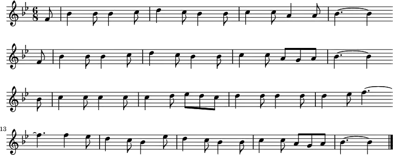 
\new Staff <<
\clef treble \key bes \major {
      \time 6/8 \partial 8
      \relative f' { \set Staff.midiInstrument = #"flute"
	f8 | bes4 bes8 bes4 c8 | d4 c8 bes4 bes8 | c4 c8 a4 a8 | bes4.~ bes4 \bar"" \break
        f8 | bes4 bes8 bes4 c8 | d4 c8 bes4 bes8 | c4 c8 a g a | bes4.~ bes4 \bar"" \break
        bes8 | c4 c8 c4 c8 | c4 d8 es d c | d4 d8 d4 d8 | d4 es8 f4.~ \bar"" \break
        f4. f4 es8 | d4 c8 bes4 es8 | d4 c8 bes4 bes8 | c4 c8 a g a | bes4.~ bes4 \bar"|."
      }
    }
%\new Lyrics \lyricmode {
%}
>>
\layout { indent = #0 }
\midi { \tempo 4. = 80 }
