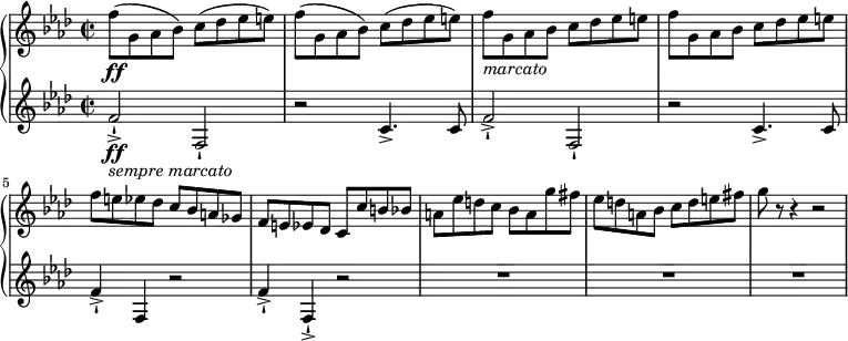 
\relative c'' {
  \new PianoStaff <<
    \new Staff {
      \set Staff.midiInstrument = #"piano" \key f \minor \clef treble \time 2/2 \set Score.tempoHideNote = ##t \tempo 4 = 120
      f8 \ff ( g,8 as8 bes8 ) c8 ( des8 es8 e8 ) |
      f8 ( g,8 as8 bes8 ) c8 ( des8 es8 e8 ) |
      f8 _\markup{ \italic { marcato } } g,8 as8 bes8 c8 des8 es8 e8 |
      f8 g,8 as8 bes8 c8 des8 es8 e8 |
      f8 e8 es8 des8 c8 bes8 a8 ges8 |
      f8 e8 es8 des8 c8 c'8 b8 bes8 |
      a8 es'8 d8 c8 bes8 a8 g'8 fis8 |
      es8 d8 a8 bes8 c8 d8 e8 fis8 |
      g8 r8 r4 r2 |
    }
    \new Staff {
      \set Staff.midiInstrument = #"piano" \key f \minor \clef treble \time 2/2
      f,2 \ff _\markup { \italic { sempre marcato } } -! -> f,2 -! |
      r2 c'4. -> c8 |
      f2 -> -! f,2 -! |
      r2 c'4. -> c8 |
      f4 -> -! f,4 r2 |
      f'4 -> -! f,4 -! -> r2 |
      R1*3
    }
  >>
}
