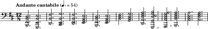 
  \relative c { \clef bass \time 12/8 \key d \major \tempo "Andante cantabile" 4. = 54 < d b fis b, >2. <e b e, g,> | <fis b, d,> <g b, e, cis> | <fis b, fis d> <e b g e> | <d b fis b,> <e b g e> | < fis d b > < g d b g> | < a fis d a d,> < b g e d g, g,> | < a g e cis a a,> <a fis d b b,> | < a e a, cis> <a fis a, d> }
