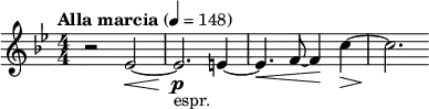  \relative c' { \clef treble \key g \minor \numericTimeSignature \time 4/4 \tempo "Alla marcia" 4 = 148 r2 ees~(\< | ees2.\!\p_"espr." e4~ | e4.\< f8~ f4\! c'4~\> | c2.\! } 