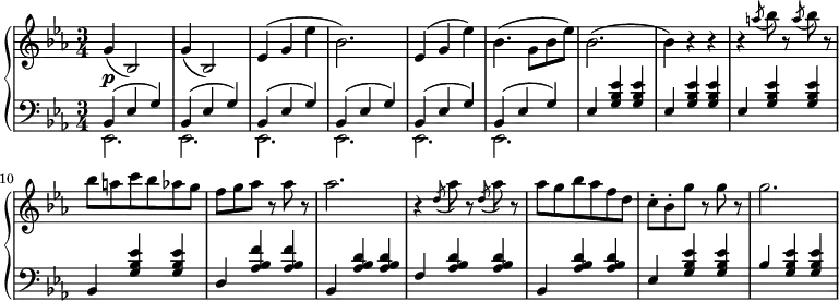 
 \relative c' {
  \new PianoStaff <<
   \new Staff { \key c \minor \time 3/4
        g'( bes,2) | g'4( bes,2) | ees4( g ees' | bes2.) | ees,4( g ees') | bes4.( g8 bes ees) | bes2.( | bes4) r r r \slashedGrace a'8( bes) r \slashedGrace a( bes) r bes8 a c bes aes g f g aes r aes r aes2. r4 \slashedGrace d,8( aes') r \slashedGrace d,( aes') r aes8 g bes aes f d c-. bes-. g' r g r g2.
      }
   \new Dynamics {
    s\p
      }
   \new Staff { \key c \minor \time 3/4 \clef bass
    <<
      { bes,,,4( ees g) bes,( ees g) bes,( ees g) bes,( ees g) bes,( ees g) bes,( ees g) ees <g bes ees> <g bes ees> ees <g bes ees> <g bes ees> ees <g bes ees> <g bes ees> bes, <g' bes ees> <g bes ees> d <aes' bes f'> <aes bes f'> bes, <aes' bes d> <aes bes d> f <aes bes d> <aes bes d> bes, <aes' bes d> <aes bes d> ees <g bes ees> <g bes ees> bes <g bes ees> <g bes ees> }
    \\
      { ees,2. ees ees ees ees ees }
    >>
      }
  >>
 }
