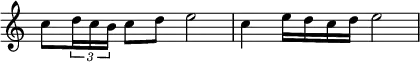  {
\override Score.TimeSignature #'stencil = ##f
    \relative c'' {
        c8 \tuplet 3/2 { d16 c b } c8 d e2
        c4 e16 d c d e2
    }
}
