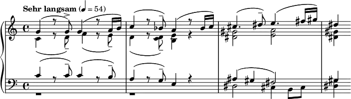 
{  \new PianoStaff <<
    \new Staff = "RH" \relative c' { \clef treble \time 4/4 \tempo "Sehr langsam" 4 = 54 << { g'( r8 g->) g4( r8 a16 b) c4( r8 bes--) a4( r8 bes16( c)) cis4.( dis8--) e4.( fis16( gis)) dis4 } \\ { c,4( r8 d--) f4( r8 e--) d4( r8 <d c>8--) <e b>4 r <gis dis>2 <a e> <gis dis>4 } >> }
    \new Staff = "LH" \relative c' { \clef bass \time 4/4 << { c( r8 c--) c4( r8 b--) a4( r8 g--) e4 r ais( gis fis2) gis4 } \\ { r1 r dis2 cis4 b8 cis <dis gis>4 } >> } >> }
