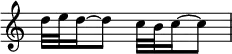  {
\override Score.TimeSignature
#'stencil = ##f
    \relative c'' {
        \time 2/4
        d32 e d16~ d8 c32 b c16~ c8
    }
}
