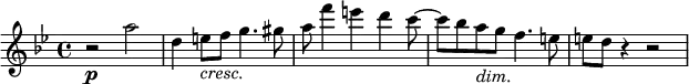 
{
  \new PianoStaff <<
    \new Staff \relative a'' {
      \set Staff.midiInstrument = #"string ensemble 1" \key bes \major \clef treble \time 4/4 \set Score.tempoHideNote = ##t \tempo 4 = 50
      r2 \p a2 | % 2
      d,4 e8_\markup { \italic cresc. } f8 g4. gis8 | % 3
      a8 f'4 e4 d4 c8 ~ | % 4
      c8 bes8 a8 _\markup { \italic dim. } g8 f4. e8 | % 5
      e8 d8 r4 r2
    }
  >>
}
