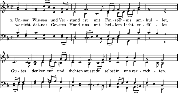 
<< <<
\new Staff { \clef treble \time 2/2 \partial 2 \key f \major \set Staff.midiInstrument = "church organ" \set Score.tempoHideNote = ##t \override Score.BarNumber #'transparent = ##t
  \relative c'' \repeat volta 2 { << { \set Timing.measurePosition = #(ly:make-moment -2/4) a4 f | g c8( bes) a4 g8( f) | g2
  f4. e8 | d8( e) f4 g a | g2 f \break } \\
  { f4 f | e e c c | c2
  a4 a4 | bes bes8( c) d( e) f4 | e2 c }
  >> }
  \relative c'
  << { \set Timing.measurePosition = #(ly:make-moment -2/4) c4. c8 | d4 e f g8( f) | e4 c
  f4. f8 | g4 a bes a | g2 f \bar"|." } \\
  { c4. bes8 | a4 c d8( c) b4 | c4 c
  a4 bes8( c) | d4 c d d | c4. bes8 a2 } >>
}
\new Lyrics \lyricmode { \set stanza = #"2."
Un4 -- ser Wis -- sen und Ver -- stand2
ist4 mit Fin -- ster -- nis um -- hül2 -- let,
Gu4 -- tes den -- ken, tun und dich -- ten
musst4 du selbst in uns ver -- rich2 -- ten.
}
\new Lyrics \lyricmode {
wo4 nicht dei -- nes Gei -- stes Hand2
uns4 mit hel -- lem Licht er -- fül2 -- let.
}
\new Staff { \clef bass \key f \major \set Staff.midiInstrument = "church organ"
  \relative c' \repeat volta 2 { << { c4 a | c g f g | e2
  d8( e) f4 | f f bes c | c bes a2 } \\
  { f4 f | c c f e8( d) | c2
  d4. c8 | bes8( c) d4 g, c | c2 f, }
  >> }
  \relative c'
  << { e,8( f) g4 | a g b8([ a]) g4 | g4 e
  d d | d4 e8( f) g4 f | f4 e c } \\
  { c8( d) e4 | f g g g, | c4 c
  d4. c8 | bes4 a g a8( b) | c2 f, } >>
}
>> >>
\layout { indent = #0 }
\midi { \tempo 4 = 90 }
